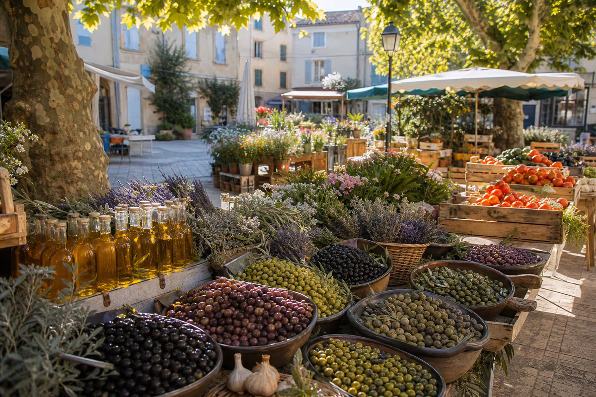 Marché provençal sous les platanes, étals de produits locaux
