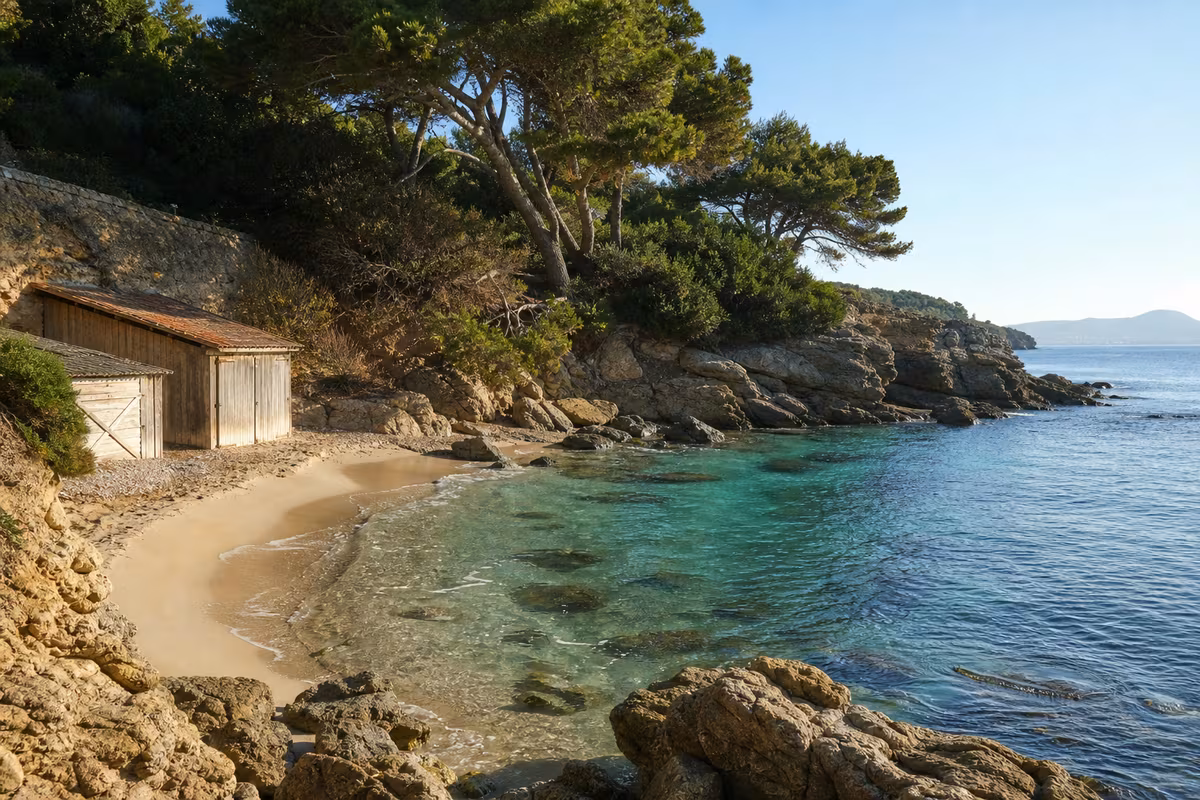 Crique et pins au bord de la mer sur le littoral du Pradet